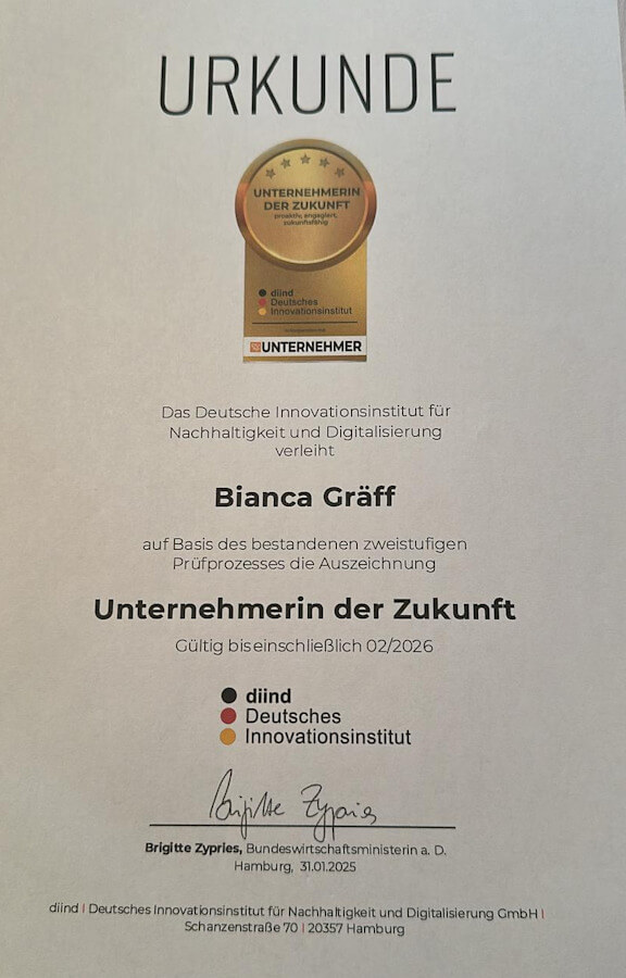 Auszeichnung als „Unternehmerin der Zukunft“ – vom DIIND Institut