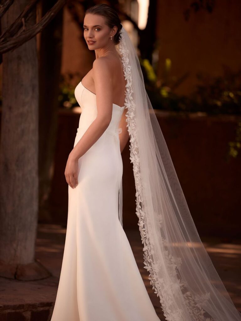 Cleanes Brautkleid mit langem Schleie mit Spitzenschleier